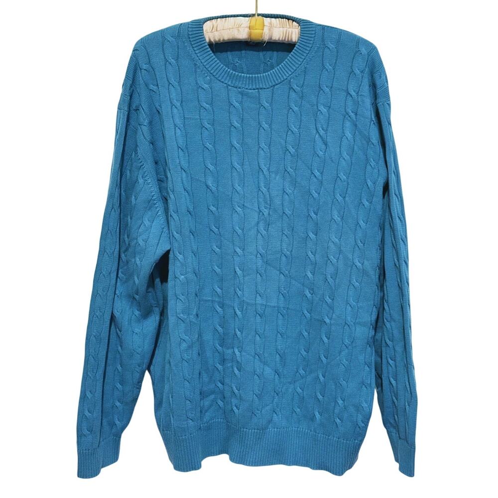 Vintage Mens Fisherman Oversized Cable Knit Sweater XXL Blue Teal Classic Retro